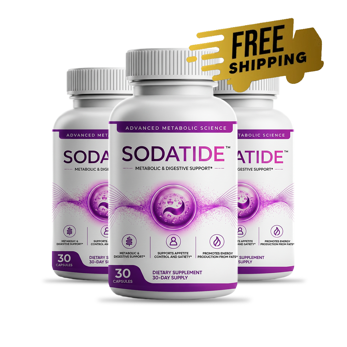 Three bottles of Sodatide synbiotic gut health and metabolism support capsules